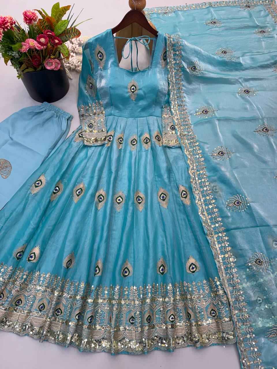 Royal Sky Blue Peacock Motif Embroidered Anarkali Gown with Intricate Zari Work, Heavy Designer Ghera & Matching Embellished Dupatta