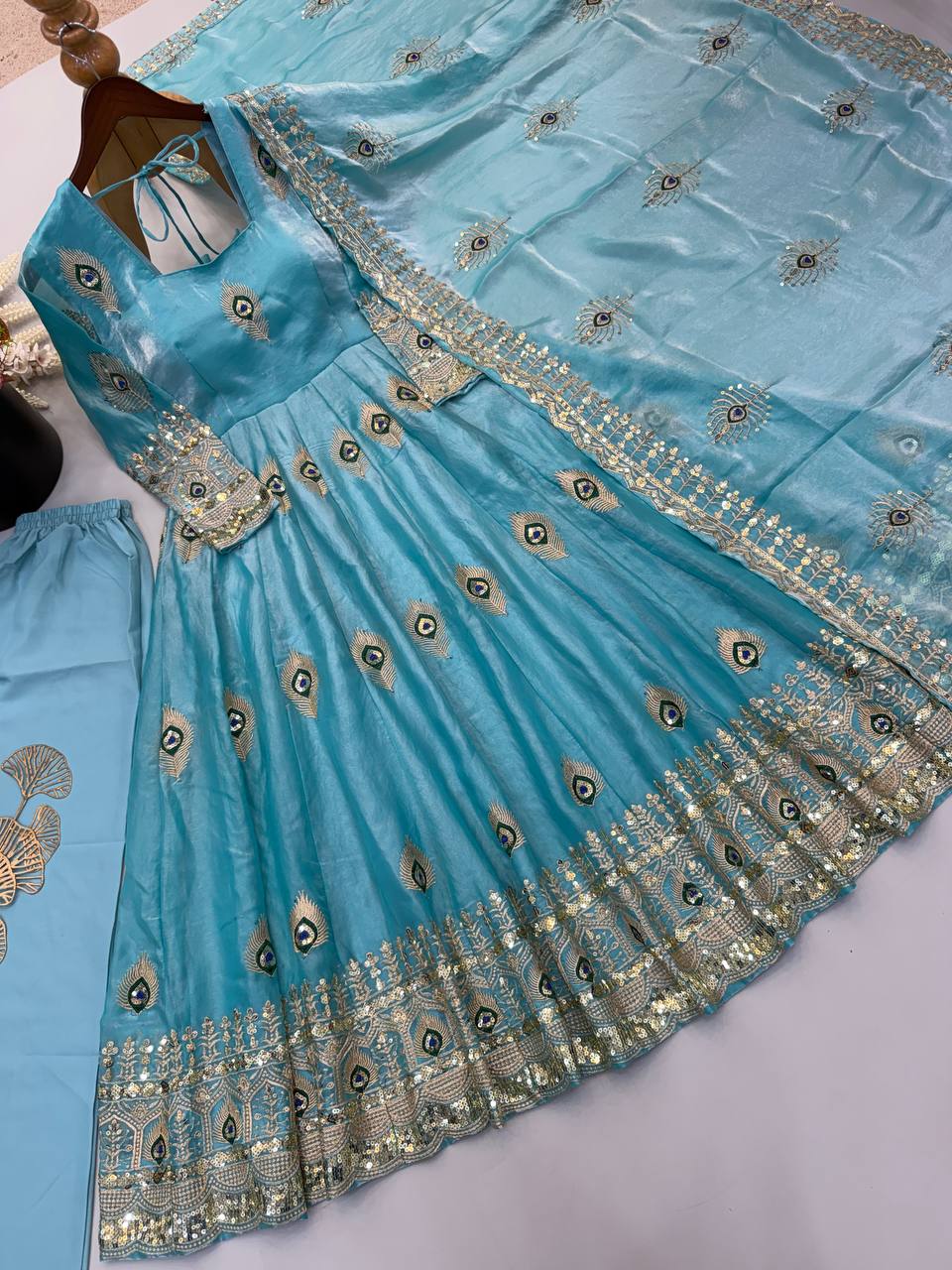 Royal Sky Blue Peacock Motif Embroidered Anarkali Gown with Intricate Zari Work, Heavy Designer Ghera & Matching Embellished Dupatta