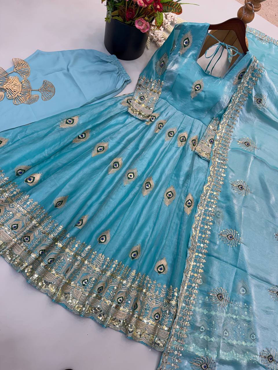 Royal Sky Blue Peacock Motif Embroidered Anarkali Gown with Intricate Zari Work, Heavy Designer Ghera & Matching Embellished Dupatta