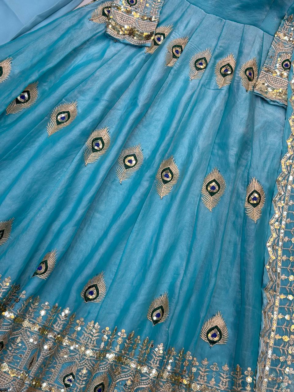 Royal Sky Blue Peacock Motif Embroidered Anarkali Gown with Intricate Zari Work, Heavy Designer Ghera & Matching Embellished Dupatta
