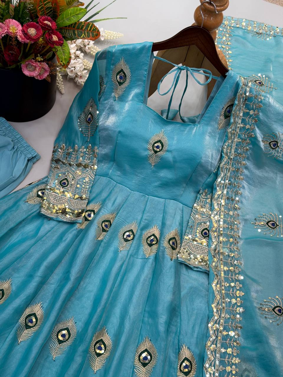 Royal Sky Blue Peacock Motif Embroidered Anarkali Gown with Intricate Zari Work, Heavy Designer Ghera & Matching Embellished Dupatta