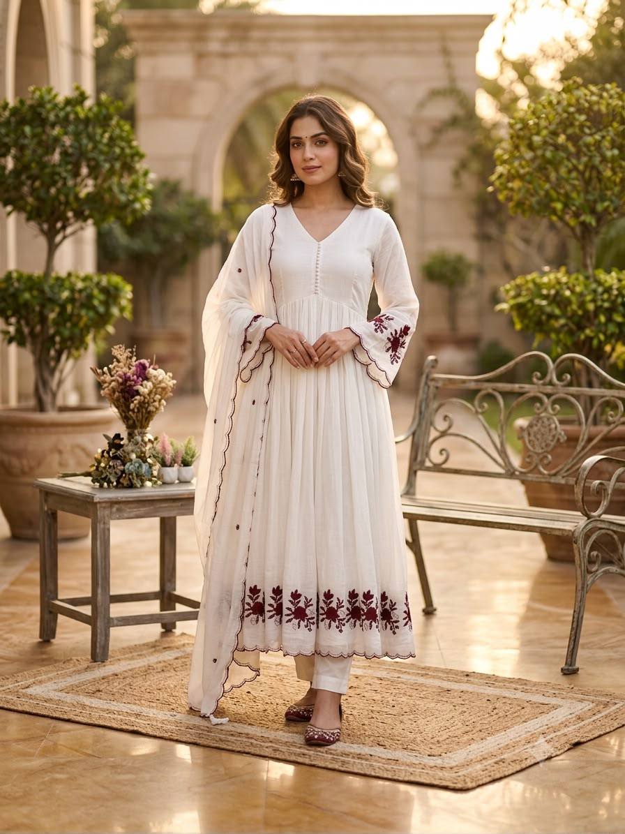 Classic Ivory White Anarkali Suit with Maroon Floral Embroidered Hemline, Pleated Flare, Scalloped Edges & Designer Dupatta