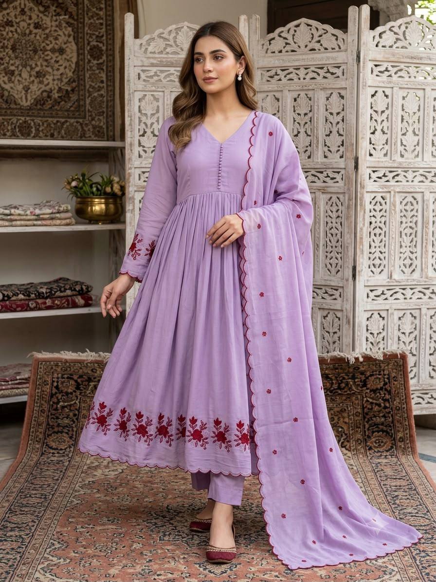 Pastel Lavender Anarkali Suit with Intricate Maroon Floral Embroidery, Pleated Flare, Scalloped Border & Matching Dupatta
