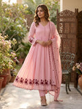 Blush Pink Embroidered Anarkali Suit with Floral Border, Pleated Flare, Scalloped Edges & Matching Dupatta