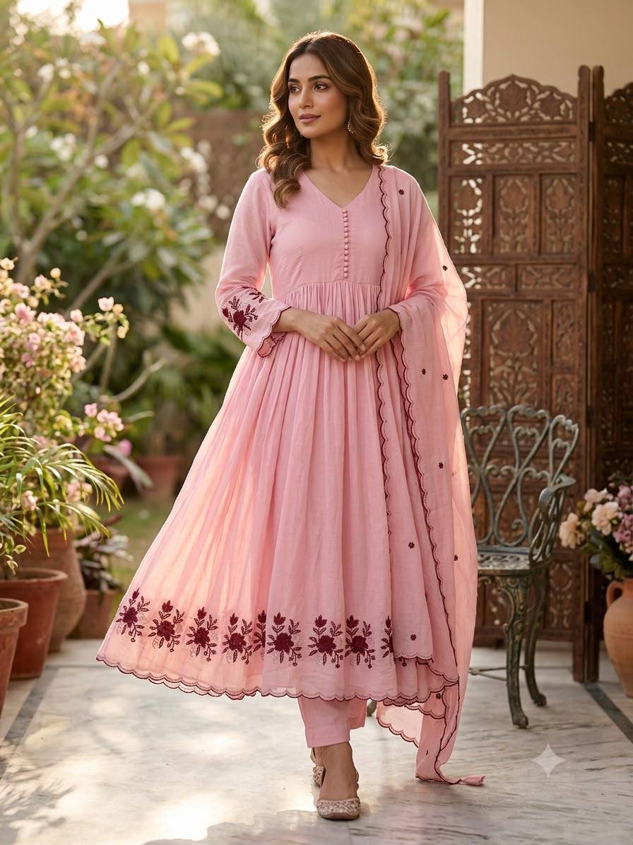 Blush Pink Embroidered Anarkali Suit with Floral Border, Pleated Flare, Scalloped Edges & Matching Dupatta
