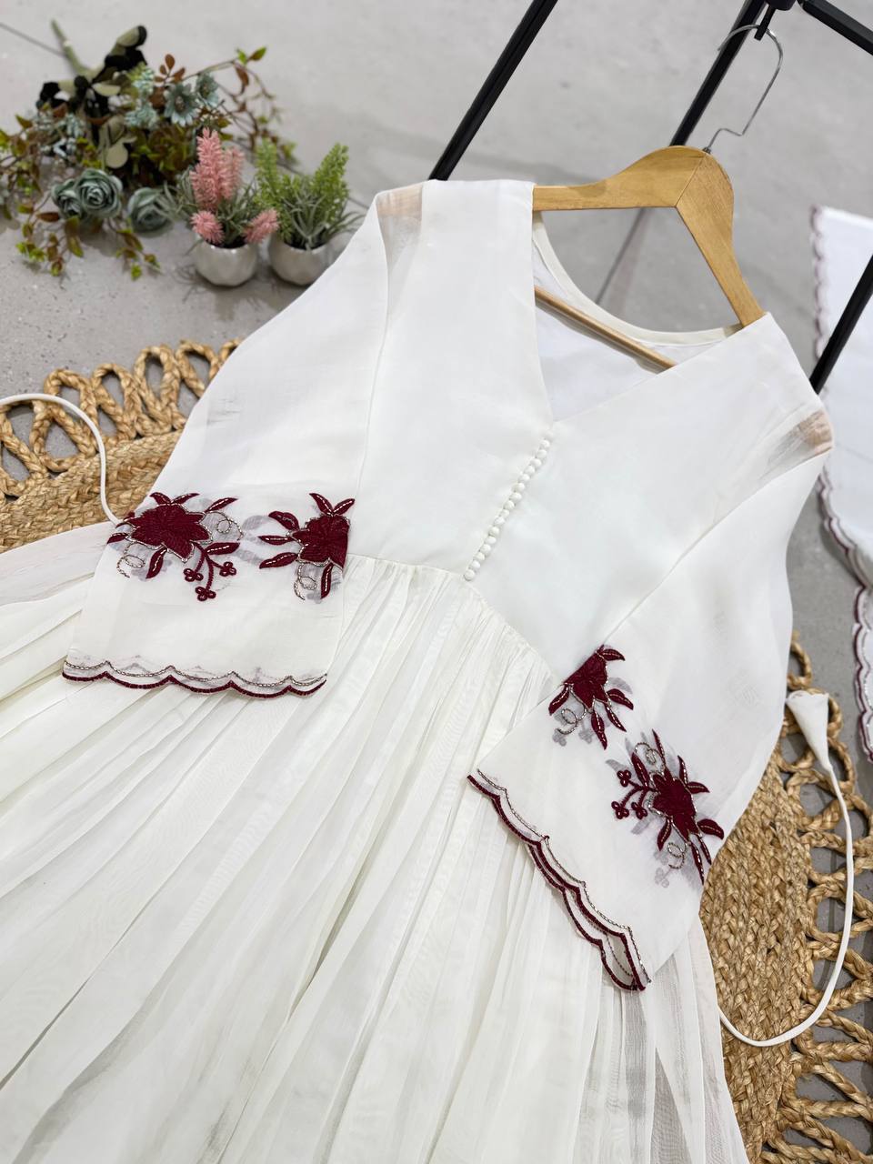 Classic Ivory White Anarkali Suit with Maroon Floral Embroidered Hemline, Pleated Flare, Scalloped Edges & Designer Dupatta