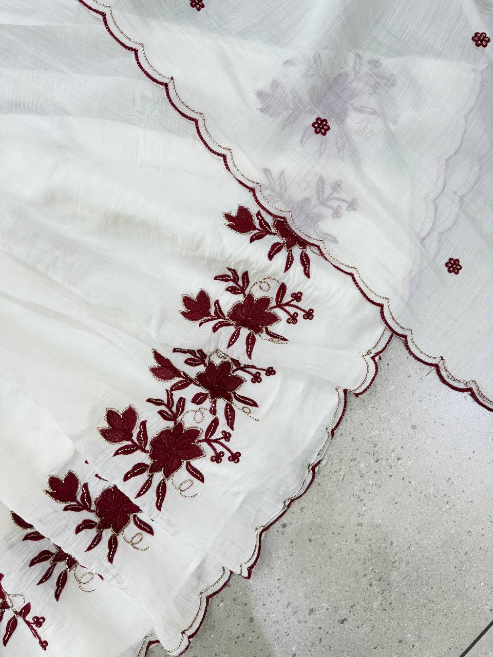 Classic Ivory White Anarkali Suit with Maroon Floral Embroidered Hemline, Pleated Flare, Scalloped Edges & Designer Dupatta