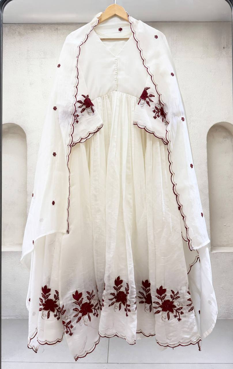 Classic Ivory White Anarkali Suit with Maroon Floral Embroidered Hemline, Pleated Flare, Scalloped Edges & Designer Dupatta