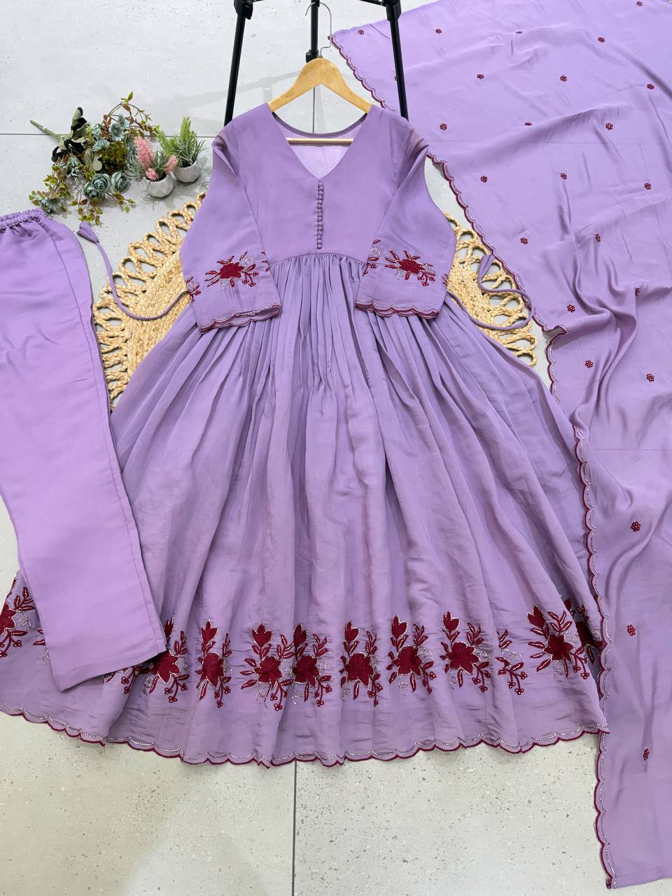 Pastel Lavender Anarkali Suit with Intricate Maroon Floral Embroidery, Pleated Flare, Scalloped Border & Matching Dupatta