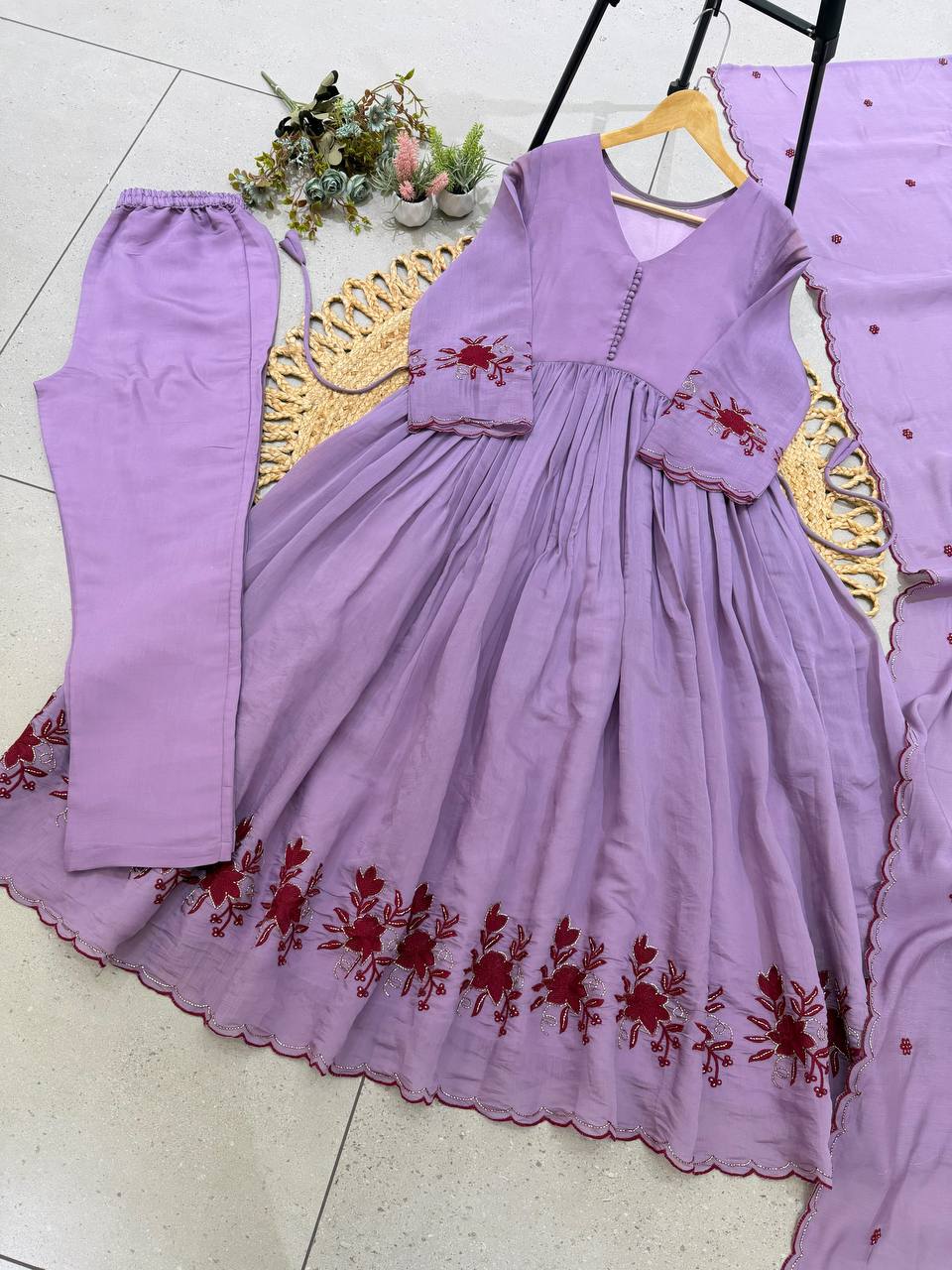 Pastel Lavender Anarkali Suit with Intricate Maroon Floral Embroidery, Pleated Flare, Scalloped Border & Matching Dupatta