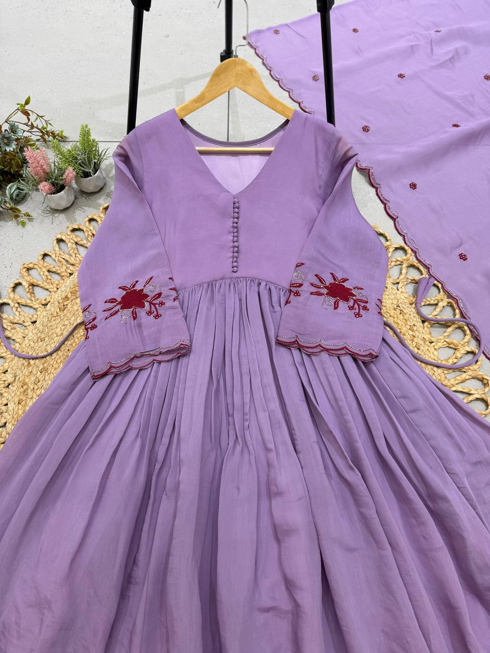 Pastel Lavender Anarkali Suit with Intricate Maroon Floral Embroidery, Pleated Flare, Scalloped Border & Matching Dupatta
