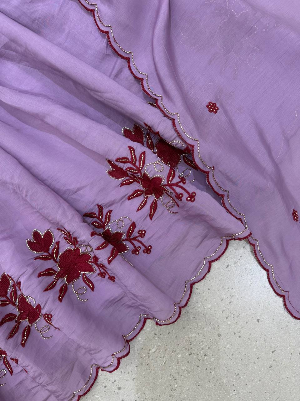 Pastel Lavender Anarkali Suit with Intricate Maroon Floral Embroidery, Pleated Flare, Scalloped Border & Matching Dupatta