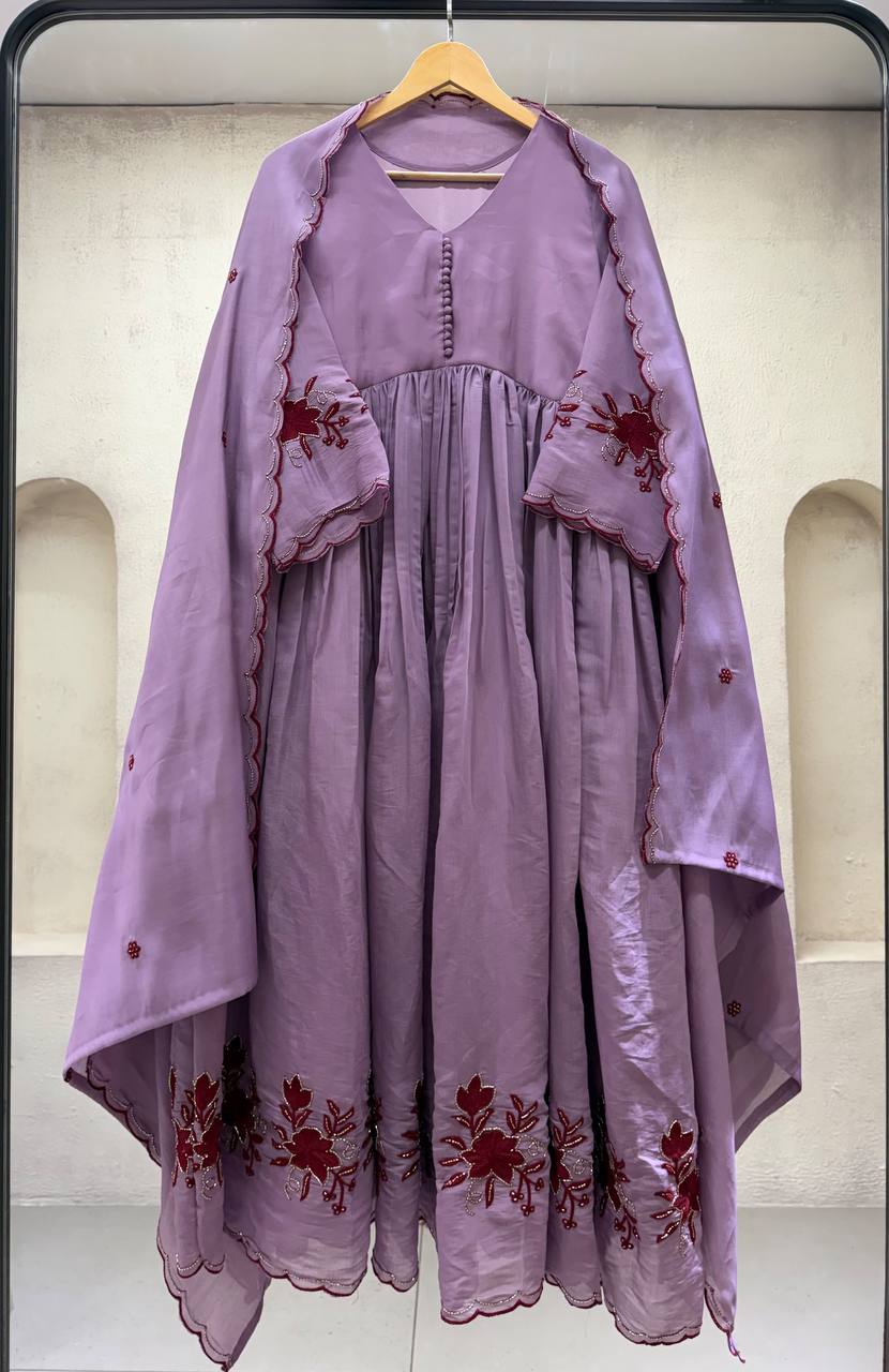 Pastel Lavender Anarkali Suit with Intricate Maroon Floral Embroidery, Pleated Flare, Scalloped Border & Matching Dupatta