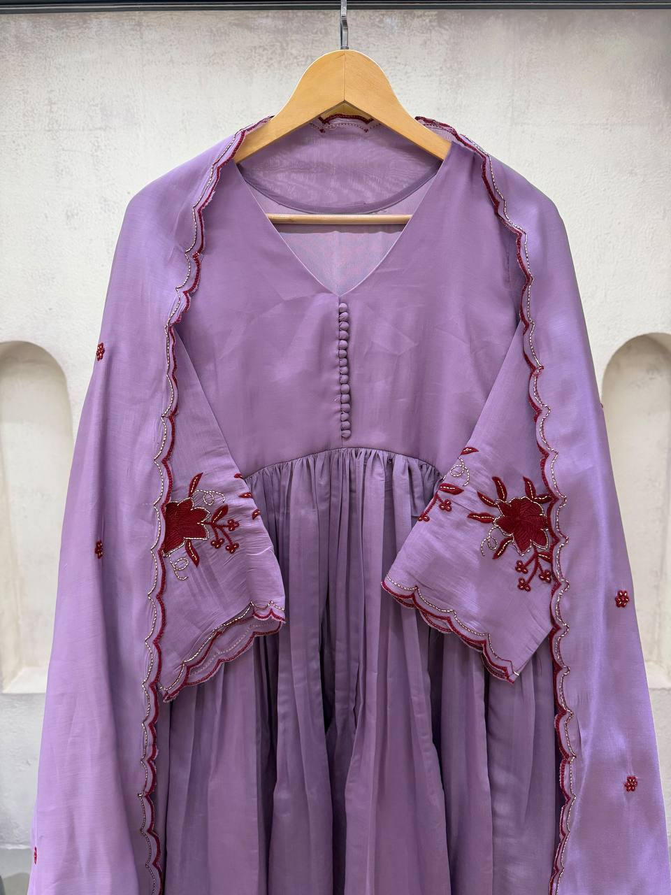 Pastel Lavender Anarkali Suit with Intricate Maroon Floral Embroidery, Pleated Flare, Scalloped Border & Matching Dupatta
