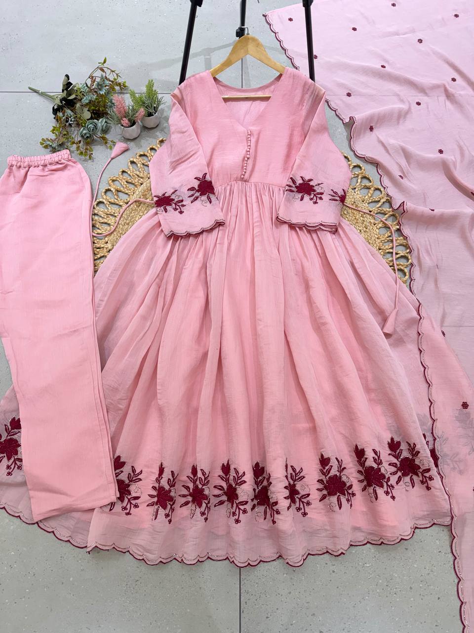 Blush Pink Embroidered Anarkali Suit with Floral Border, Pleated Flare, Scalloped Edges & Matching Dupatta