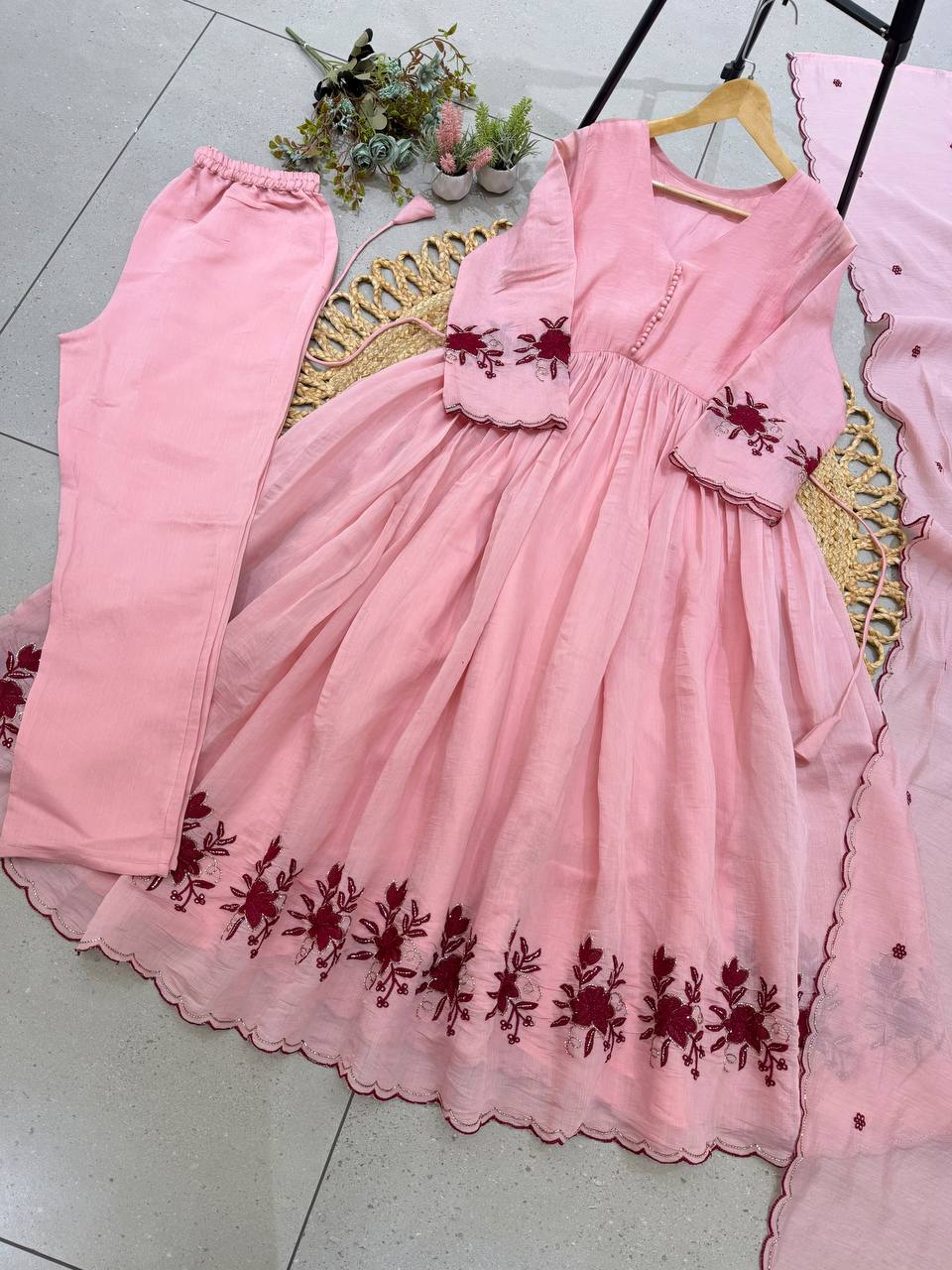 Blush Pink Embroidered Anarkali Suit with Floral Border, Pleated Flare, Scalloped Edges & Matching Dupatta