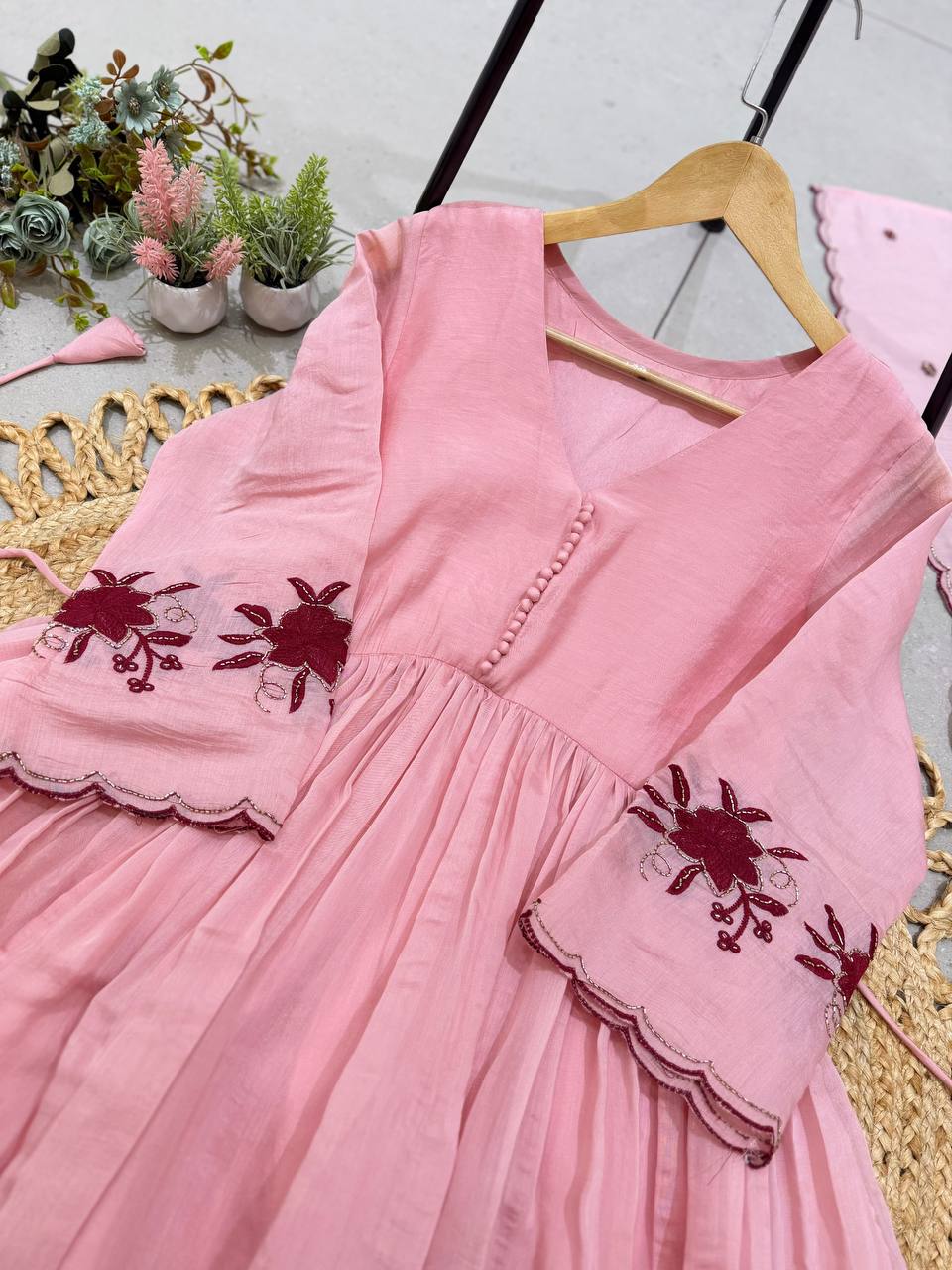 Blush Pink Embroidered Anarkali Suit with Floral Border, Pleated Flare, Scalloped Edges & Matching Dupatta