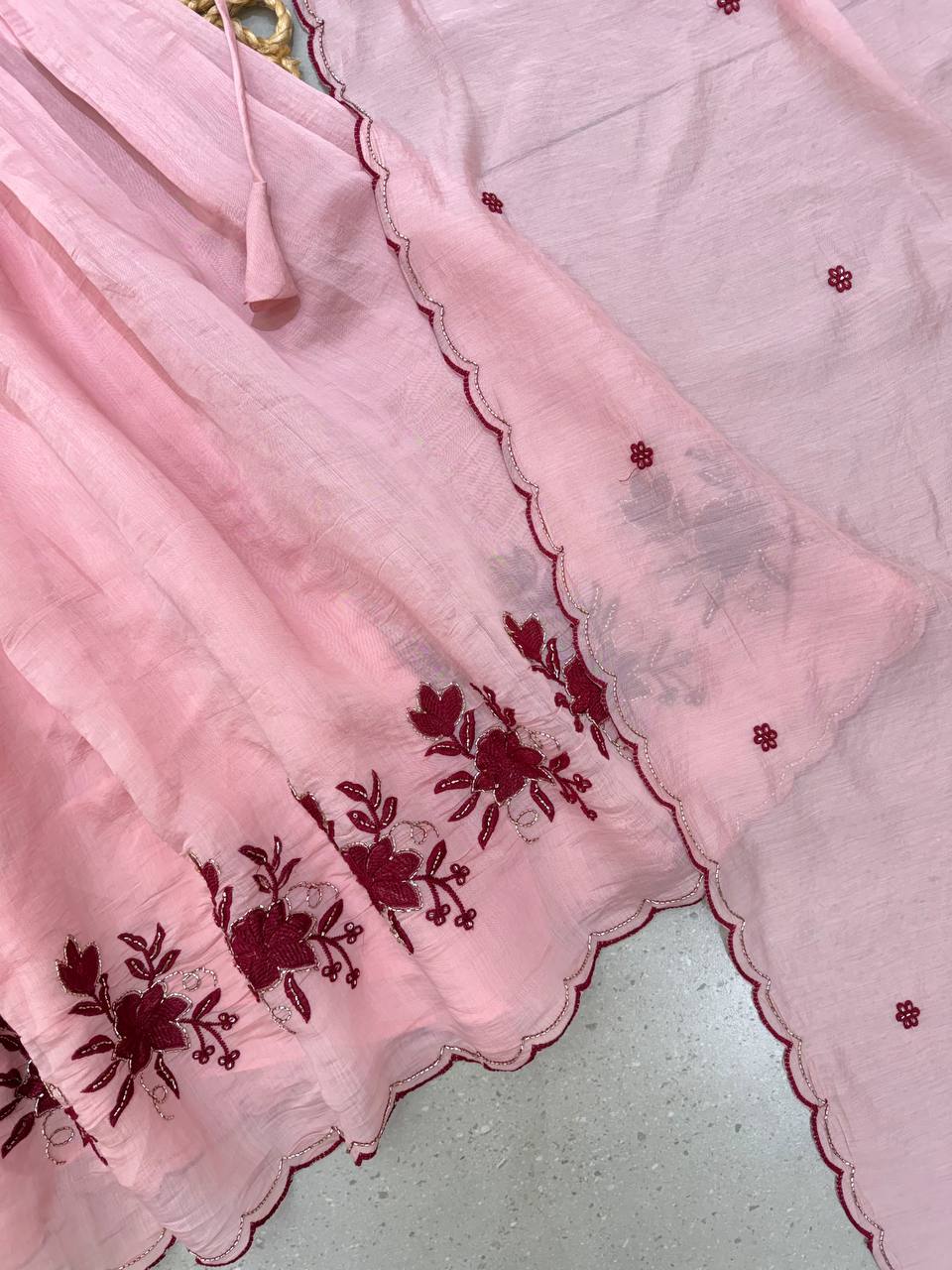 Blush Pink Embroidered Anarkali Suit with Floral Border, Pleated Flare, Scalloped Edges & Matching Dupatta