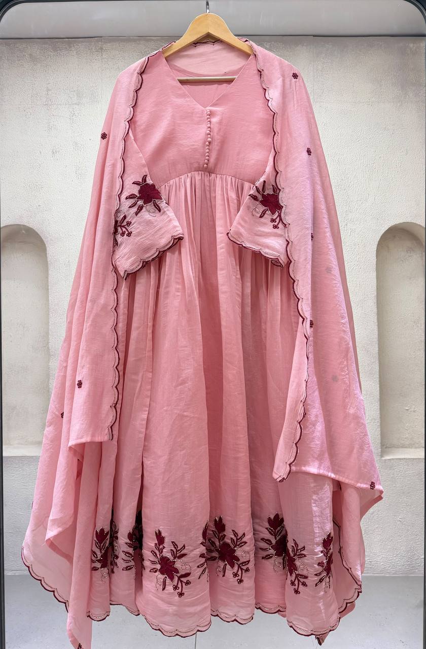 Blush Pink Embroidered Anarkali Suit with Floral Border, Pleated Flare, Scalloped Edges & Matching Dupatta