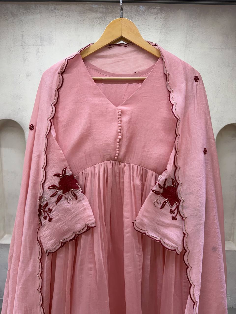 Blush Pink Embroidered Anarkali Suit with Floral Border, Pleated Flare, Scalloped Edges & Matching Dupatta