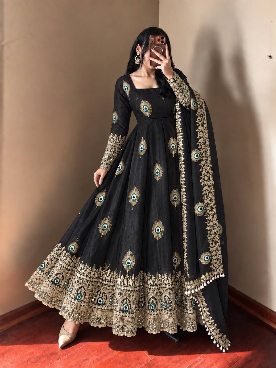 Royal Black Peacock Motif Anarkali Gown with Intricate Golden Embroidery, Heavy Lace Hemline & Matching Dupatta