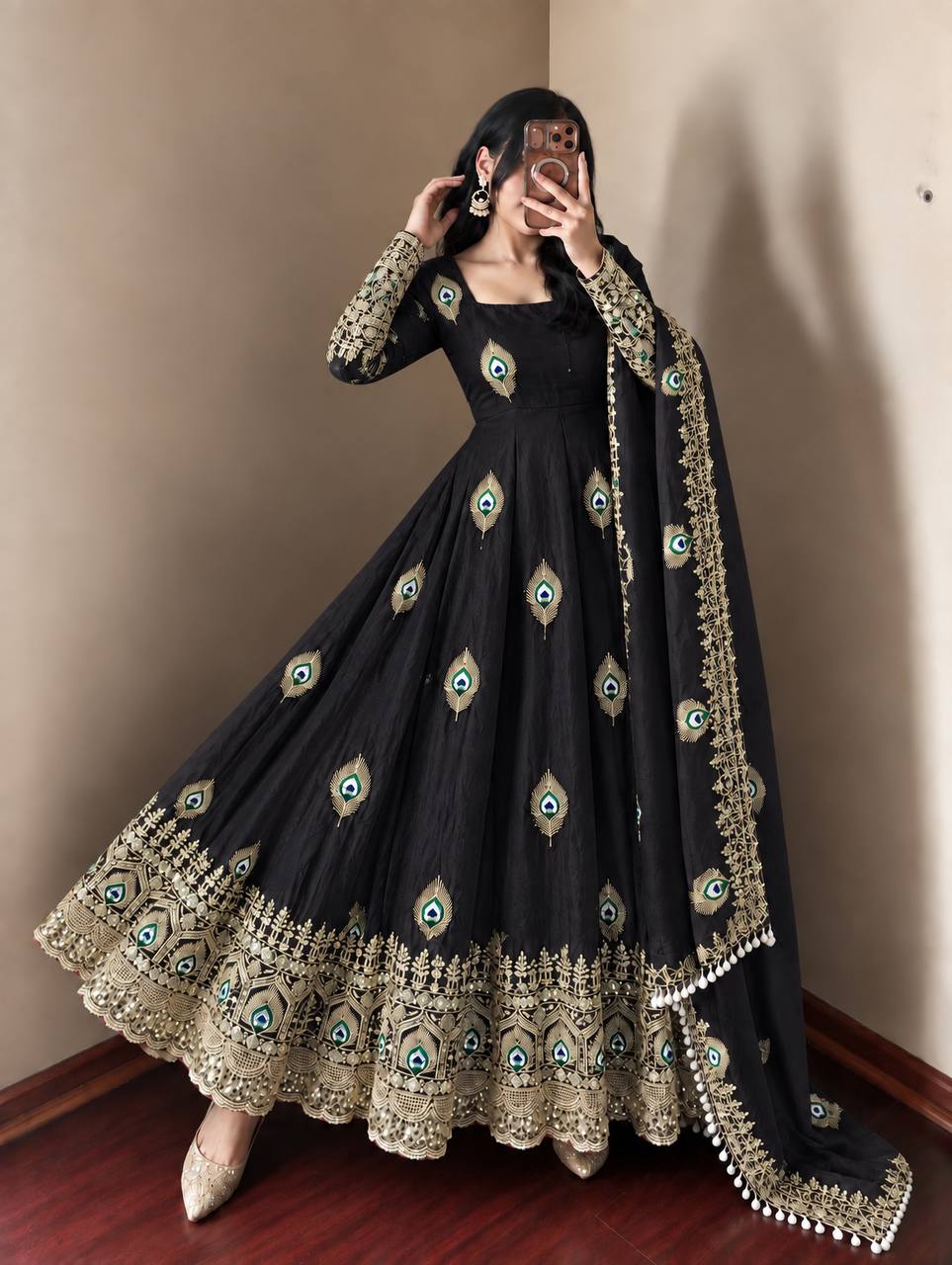 Royal Black Peacock Motif Anarkali Gown with Intricate Golden Embroidery, Heavy Lace Hemline & Matching Dupatta