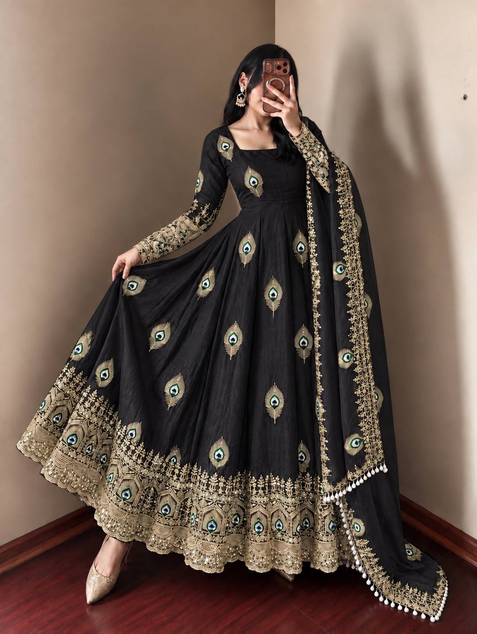 Royal Black Peacock Motif Anarkali Gown with Intricate Golden Embroidery, Heavy Lace Hemline & Matching Dupatta