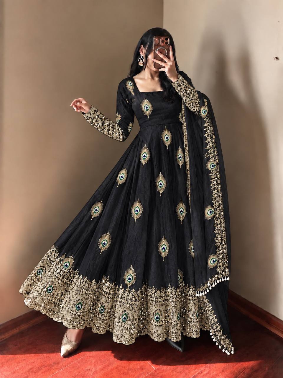 Royal Black Peacock Motif Anarkali Gown with Intricate Golden Embroidery, Heavy Lace Hemline & Matching Dupatta