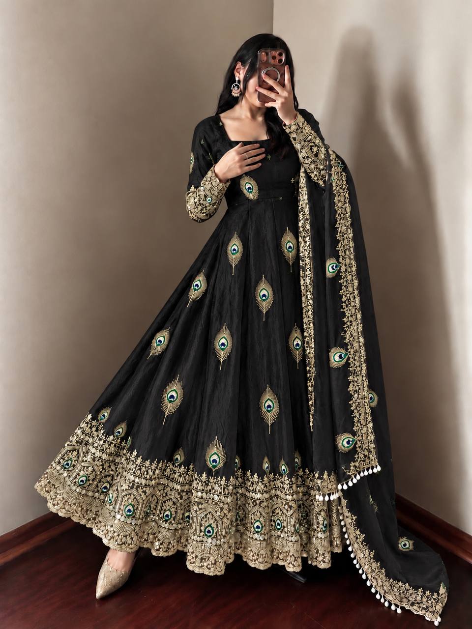 Royal Black Peacock Motif Anarkali Gown with Intricate Golden Embroidery, Heavy Lace Hemline & Matching Dupatta
