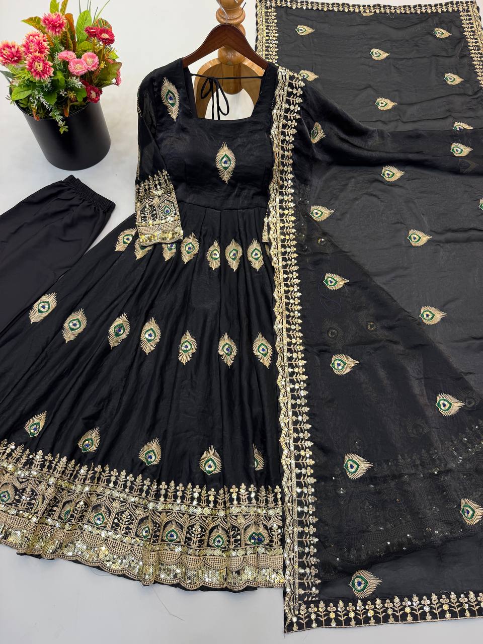 Royal Black Peacock Motif Anarkali Gown with Intricate Golden Embroidery, Heavy Lace Hemline & Matching Dupatta
