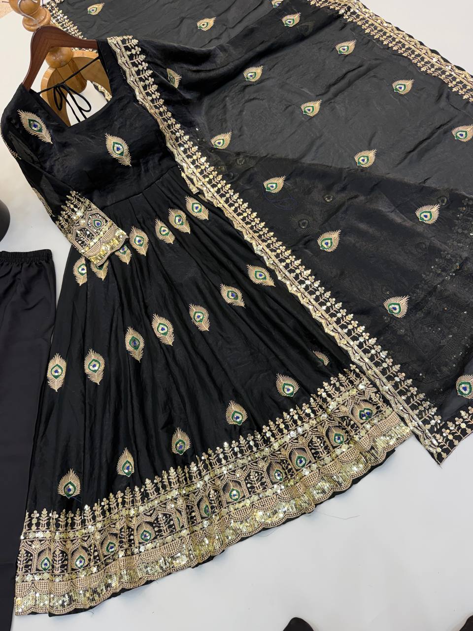 Royal Black Peacock Motif Anarkali Gown with Intricate Golden Embroidery, Heavy Lace Hemline & Matching Dupatta