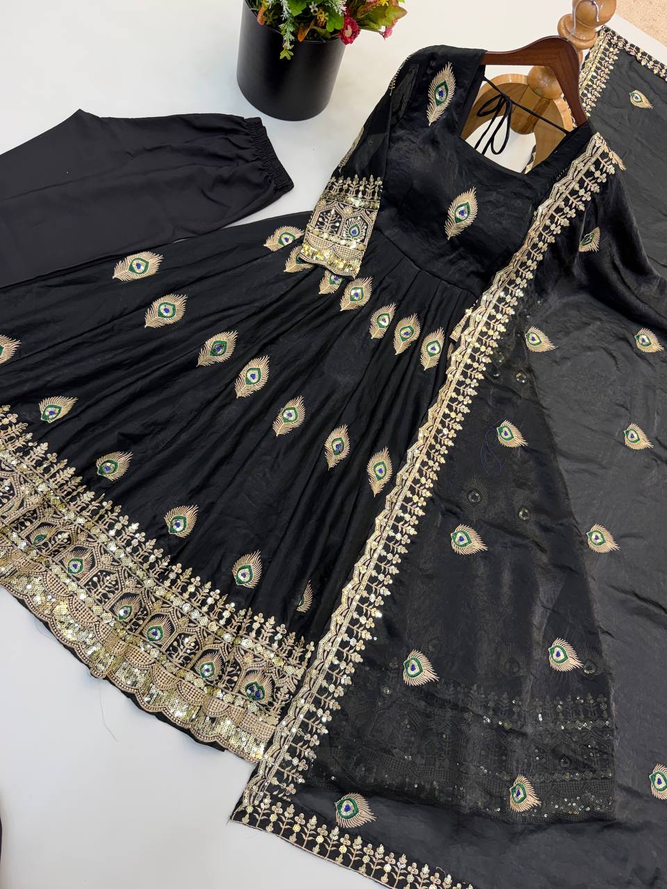 Royal Black Peacock Motif Anarkali Gown with Intricate Golden Embroidery, Heavy Lace Hemline & Matching Dupatta