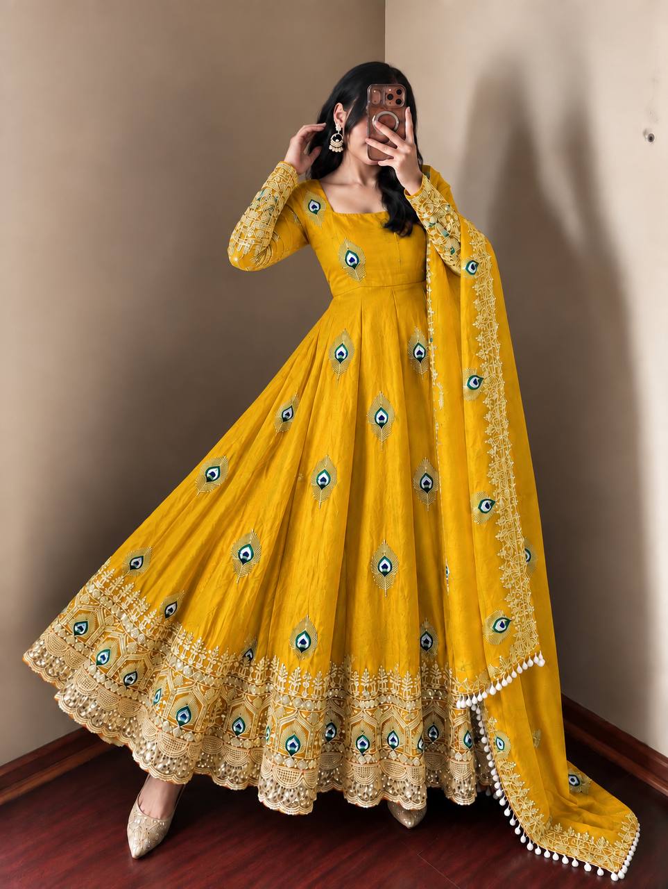 Royal Mustard Yellow Peacock Motif Anarkali Gown with Heavy Embroidered Lace Border, Full Sleeves & Designer Dupatta