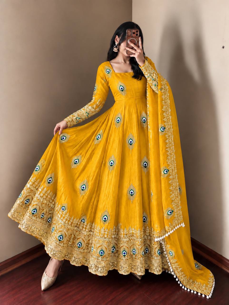 Royal Mustard Yellow Peacock Motif Anarkali Gown with Heavy Embroidered Lace Border, Full Sleeves & Designer Dupatta