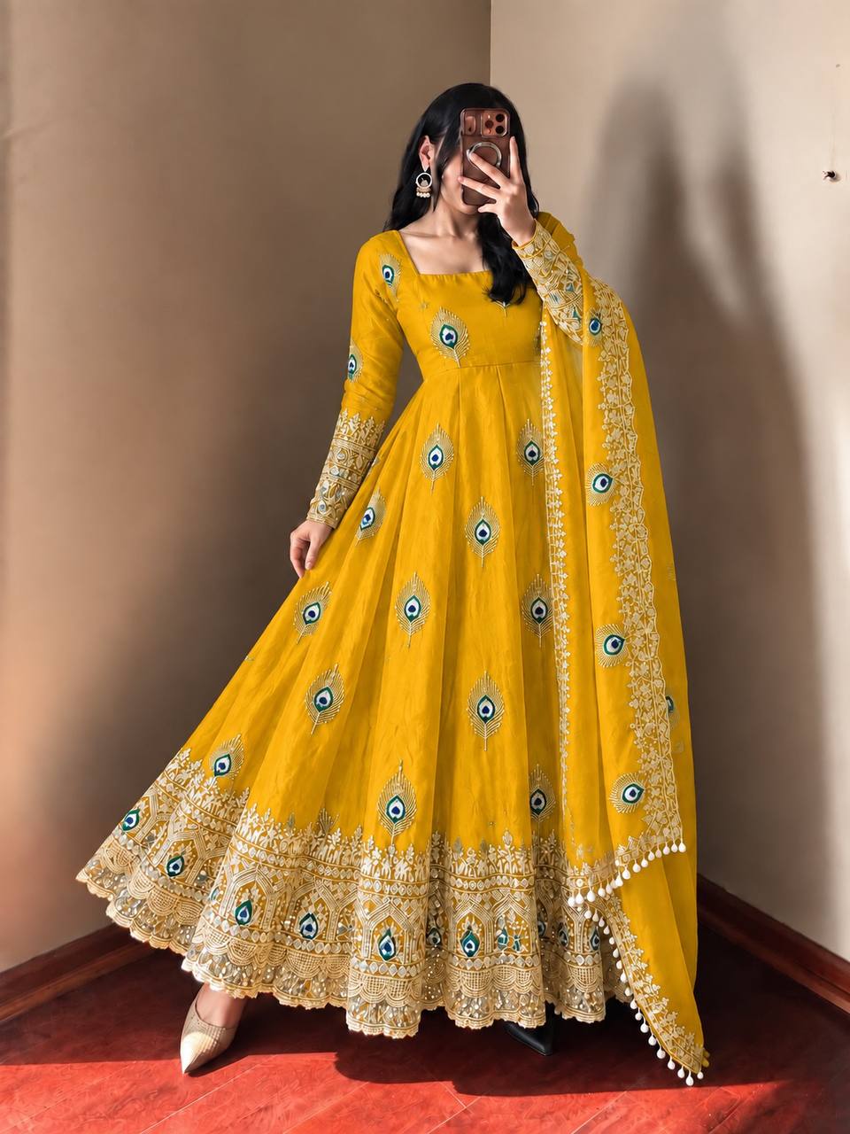 Royal Mustard Yellow Peacock Motif Anarkali Gown with Heavy Embroidered Lace Border, Full Sleeves & Designer Dupatta