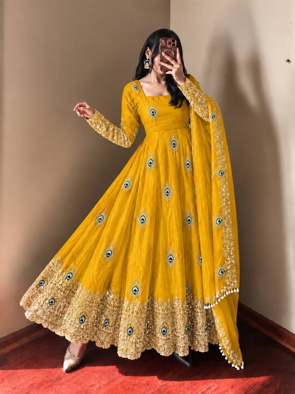 Royal Mustard Yellow Peacock Motif Anarkali Gown with Heavy Embroidered Lace Border, Full Sleeves & Designer Dupatta