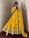 Royal Mustard Yellow Peacock Motif Anarkali Gown with Heavy Embroidered Lace Border, Full Sleeves & Designer Dupatta