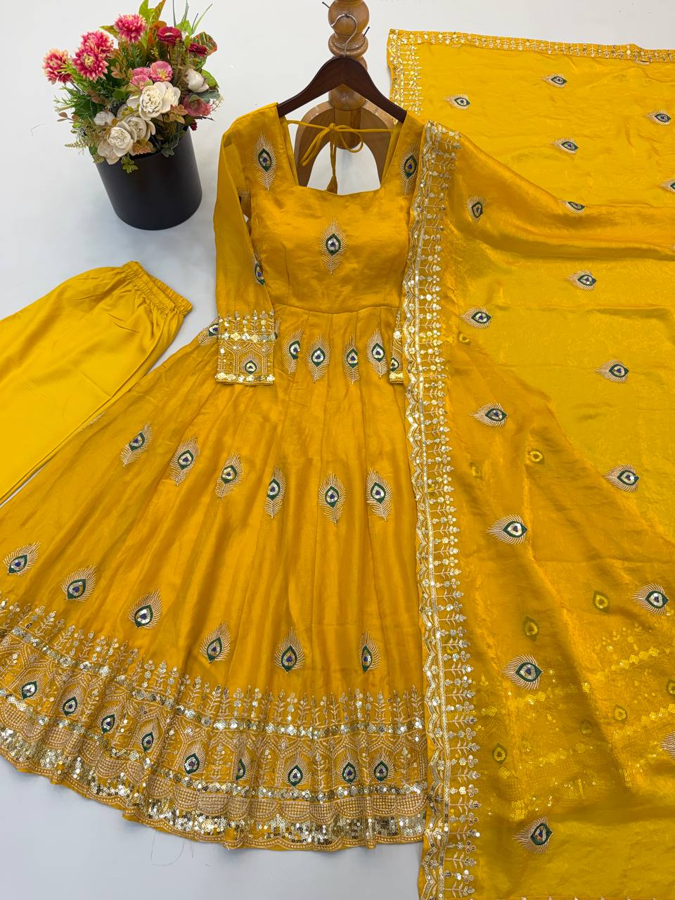 Royal Mustard Yellow Peacock Motif Anarkali Gown with Heavy Embroidered Lace Border, Full Sleeves & Designer Dupatta