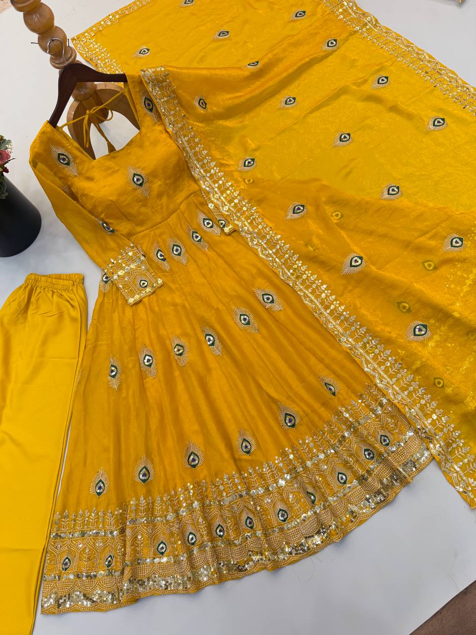 Royal Mustard Yellow Peacock Motif Anarkali Gown with Heavy Embroidered Lace Border, Full Sleeves & Designer Dupatta