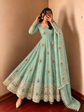 Pastel Mint Green Peacock Motif Anarkali Gown with Heavy Embroidered Lace Border, Full Sleeves & Designer Dupatta