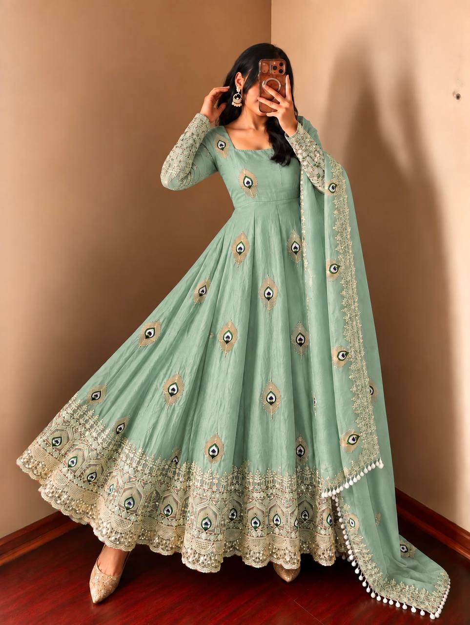 Pastel Mint Green Peacock Motif Anarkali Gown with Heavy Embroidered Lace Border, Full Sleeves & Designer Dupatta
