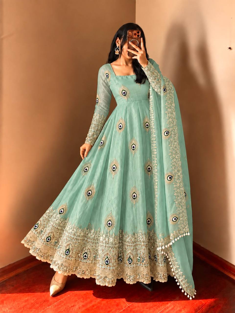 Pastel Mint Green Peacock Motif Anarkali Gown with Heavy Embroidered Lace Border, Full Sleeves & Designer Dupatta