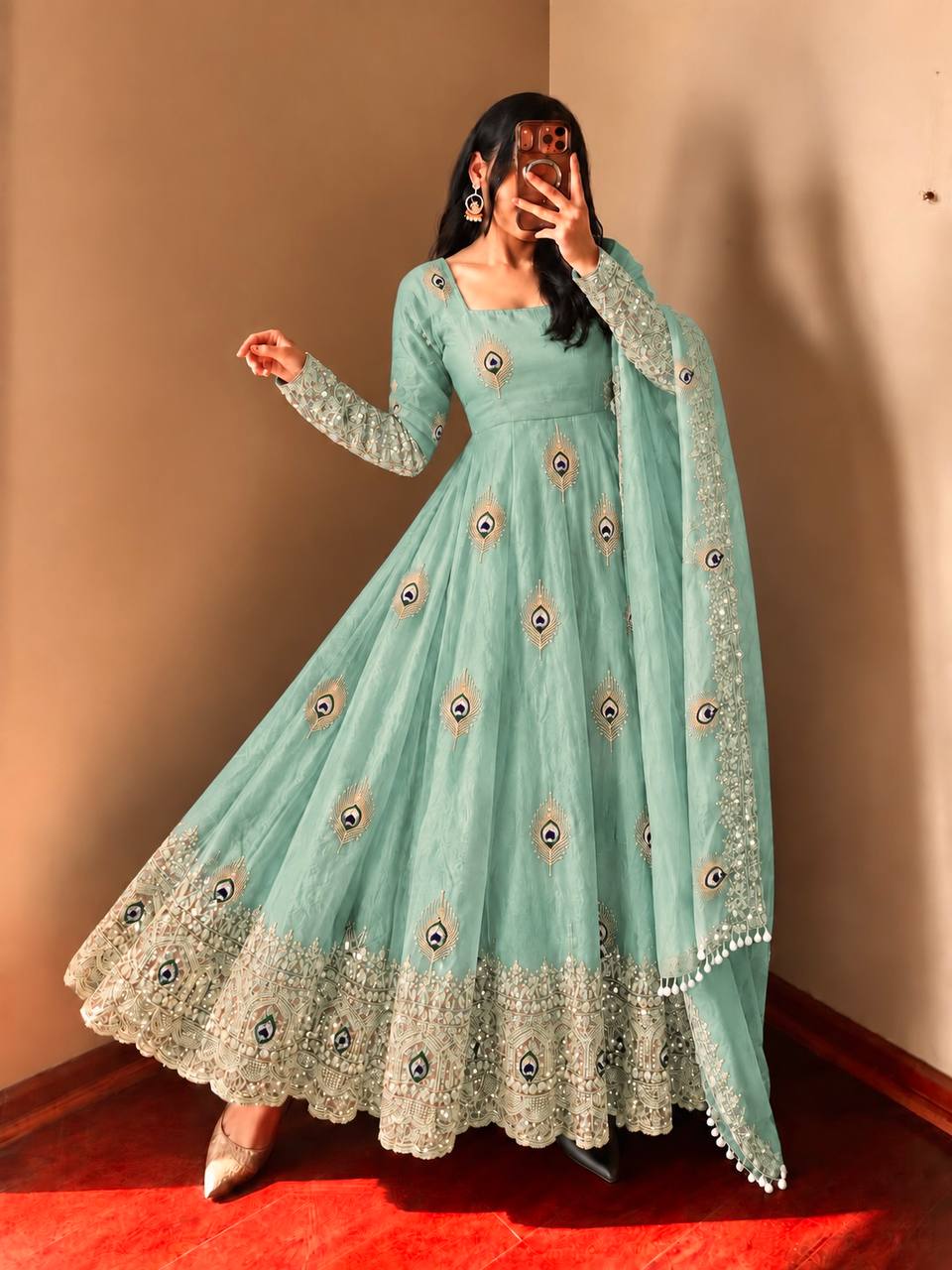 Pastel Mint Green Peacock Motif Anarkali Gown with Heavy Embroidered Lace Border, Full Sleeves & Designer Dupatta