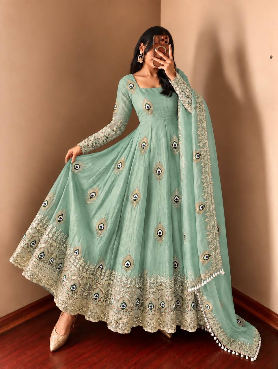 Pastel Mint Green Peacock Motif Anarkali Gown with Heavy Embroidered Lace Border, Full Sleeves & Designer Dupatta