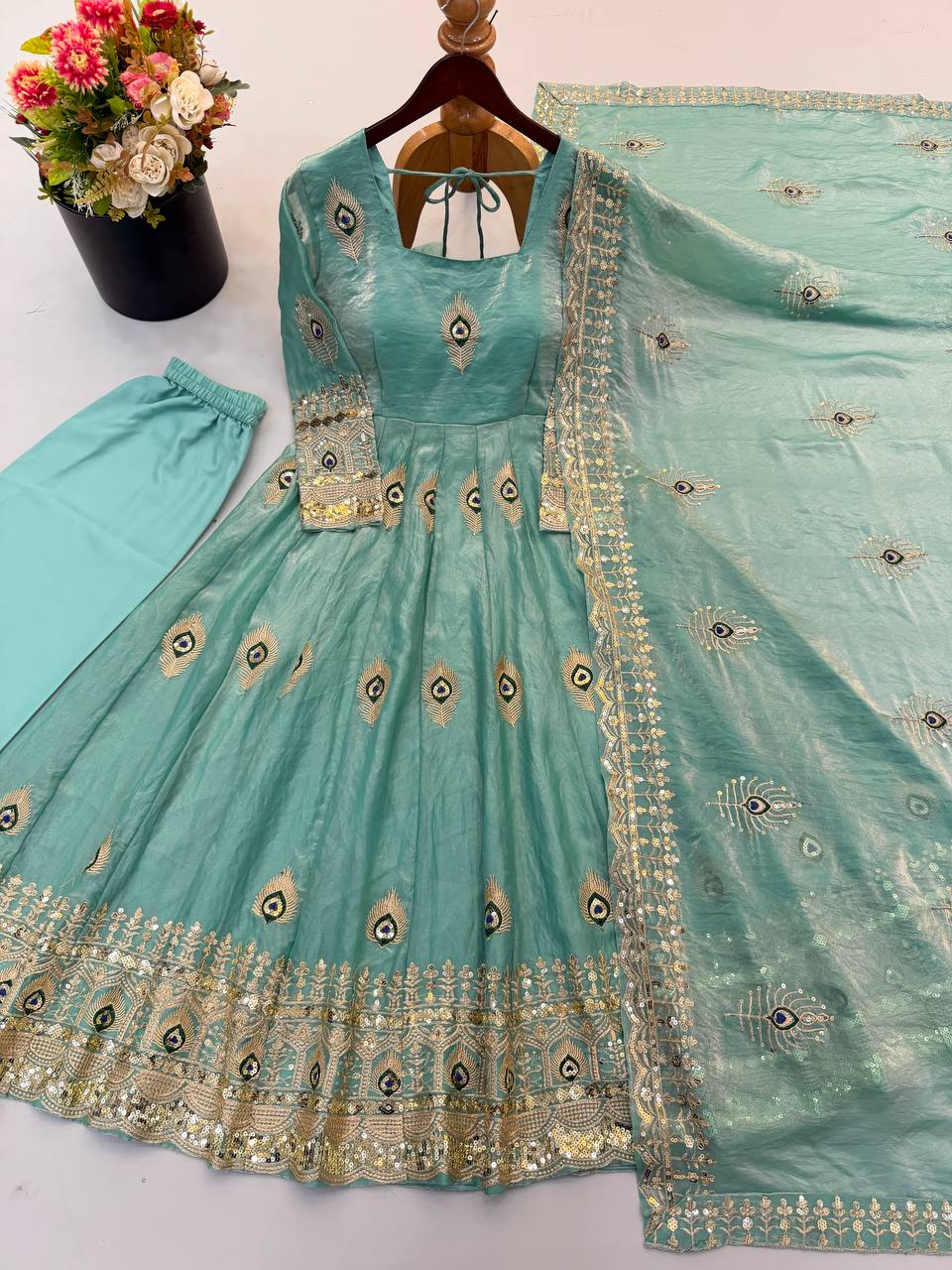 Pastel Mint Green Peacock Motif Anarkali Gown with Heavy Embroidered Lace Border, Full Sleeves & Designer Dupatta