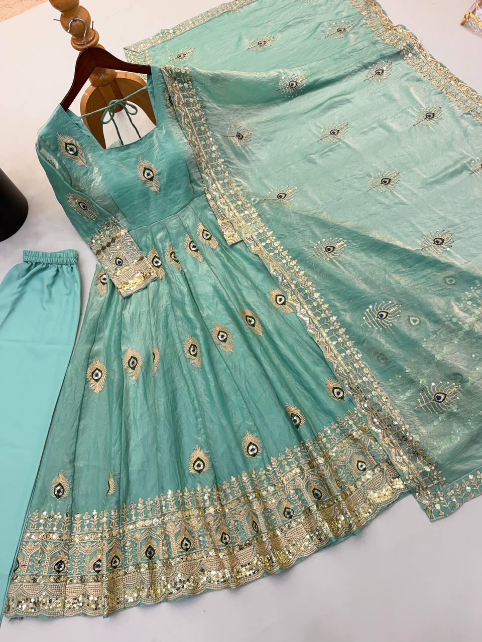 Pastel Mint Green Peacock Motif Anarkali Gown with Heavy Embroidered Lace Border, Full Sleeves & Designer Dupatta