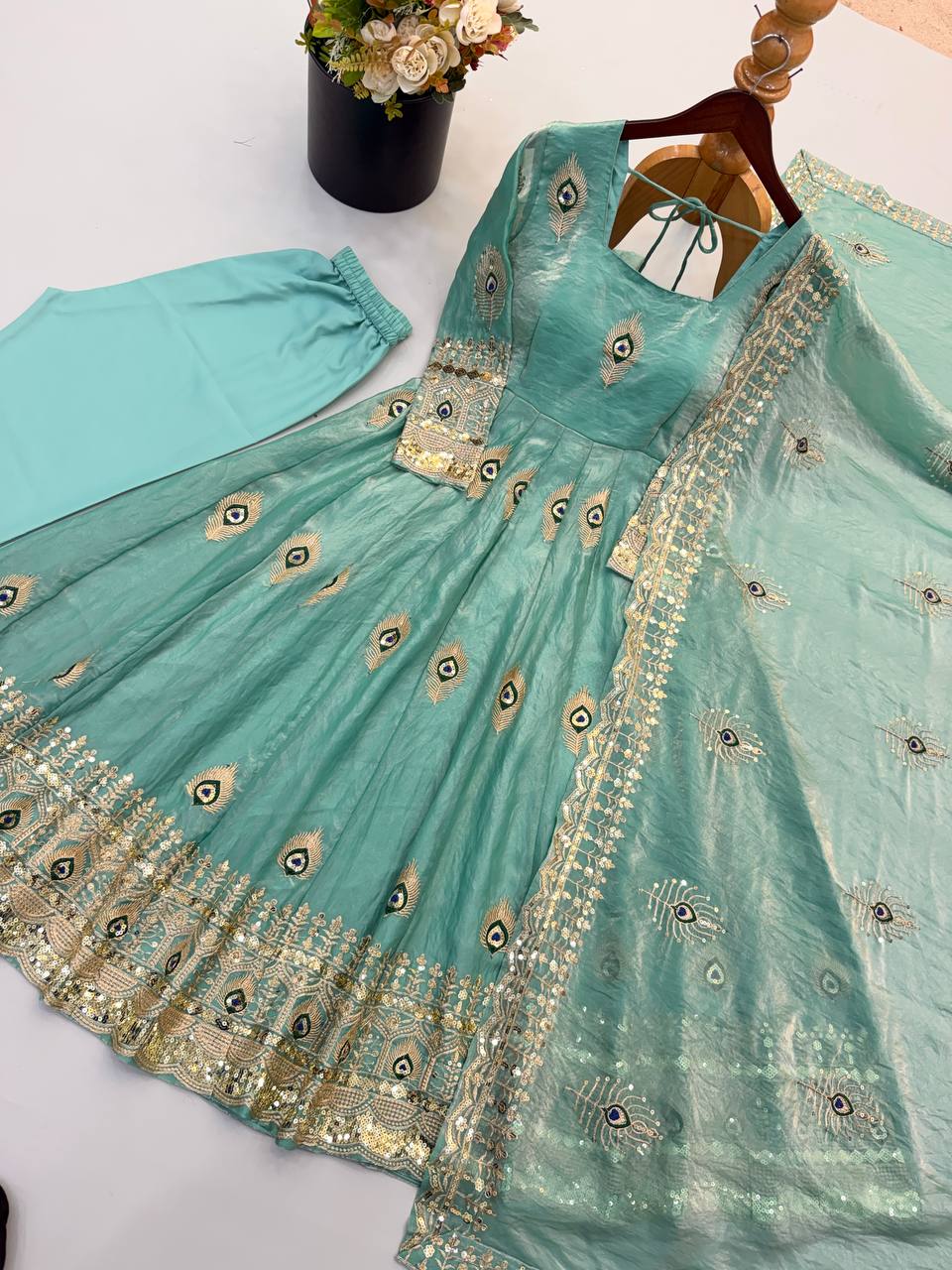 Pastel Mint Green Peacock Motif Anarkali Gown with Heavy Embroidered Lace Border, Full Sleeves & Designer Dupatta