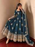 Royal Teal Blue Peacock Motif Anarkali Gown with Heavy Embroidered Border, Detailed Sleeves & Designer Dupatta