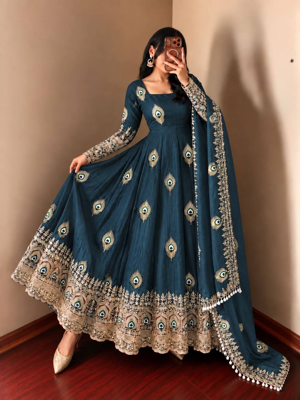 Royal Teal Blue Peacock Motif Anarkali Gown with Heavy Embroidered Border, Detailed Sleeves & Designer Dupatta
