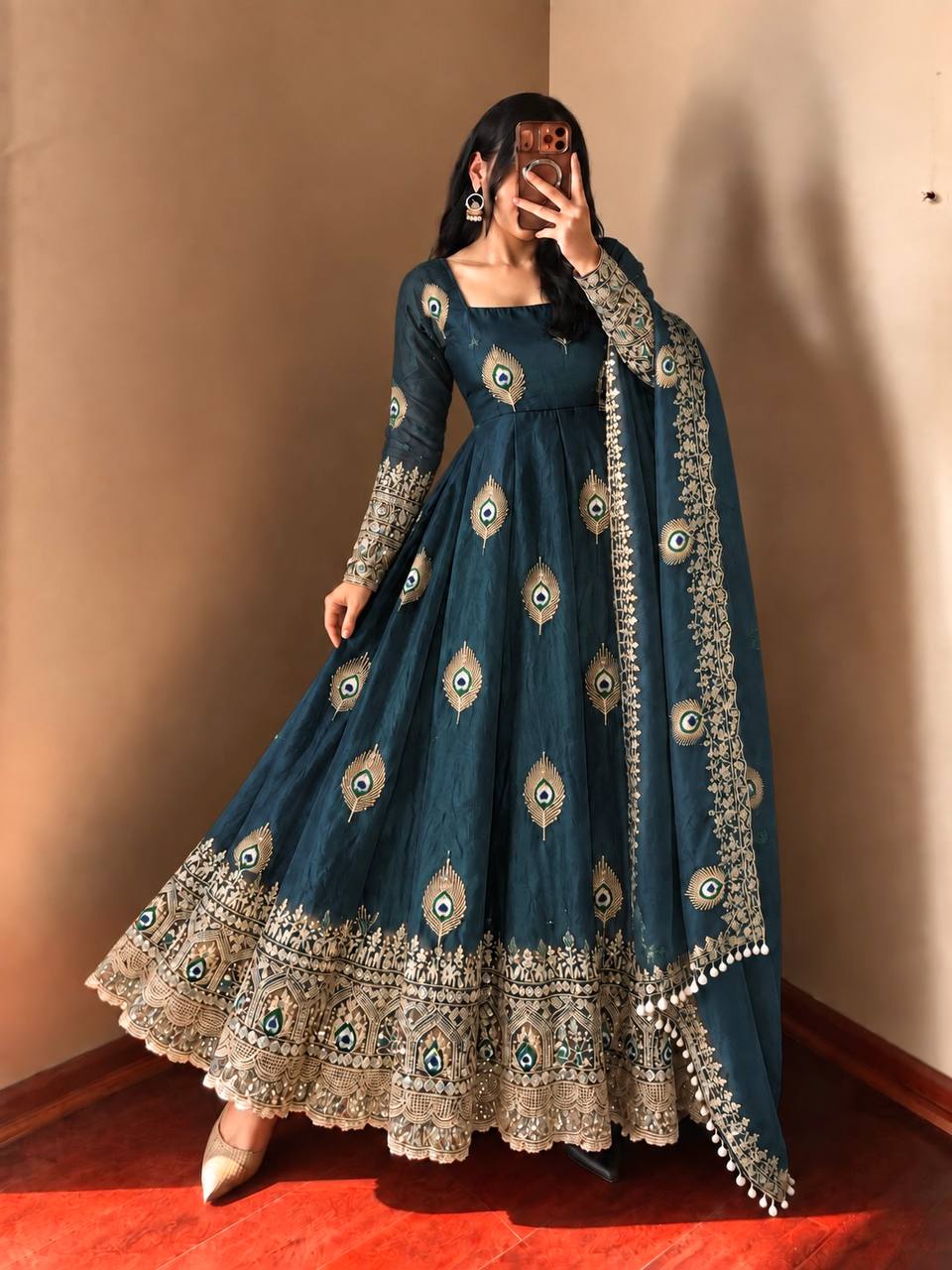 Royal Teal Blue Peacock Motif Anarkali Gown with Heavy Embroidered Border, Detailed Sleeves & Designer Dupatta